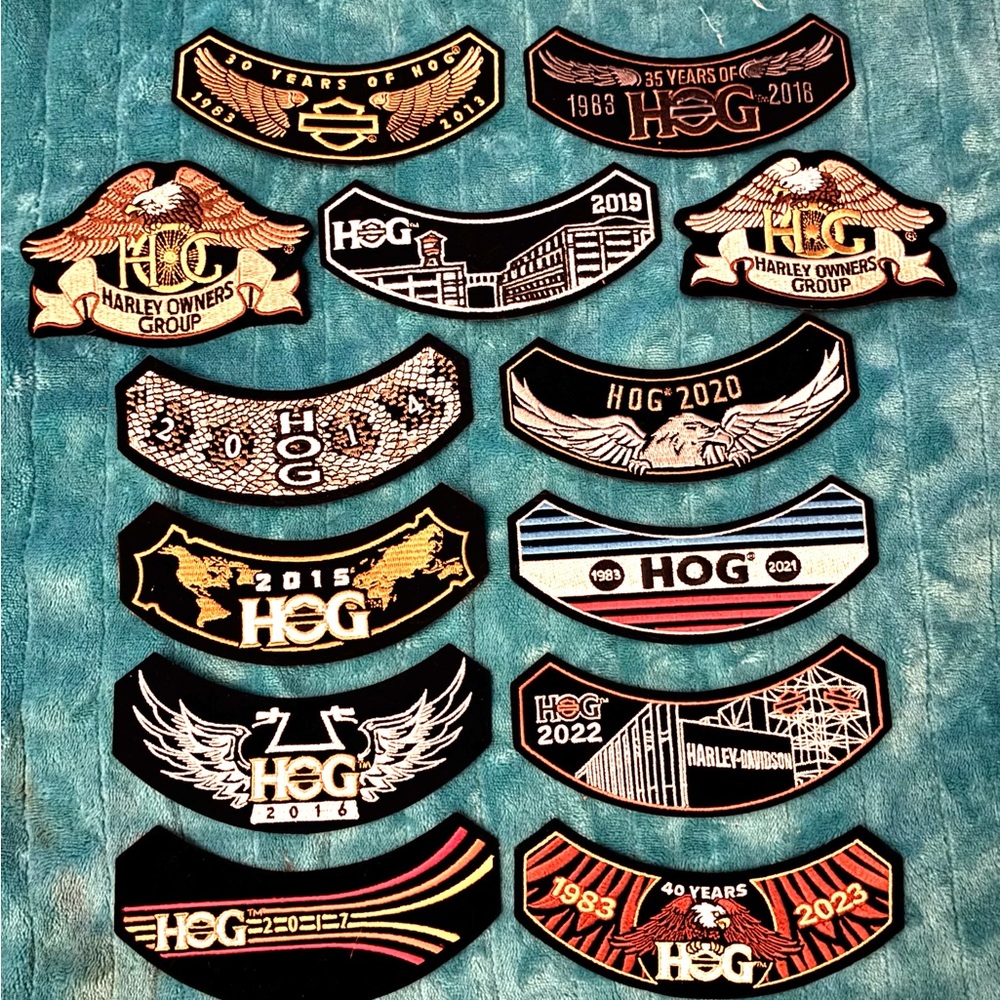 12 HARLEY DAVIDSON OWNERS GROUP (ROCKER)
HOG PATCHES -2013-2023 ,2 ARE NOT DATED